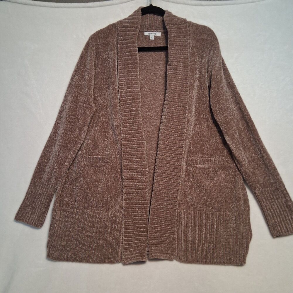 ORVIS L Cardigan Sweater Chenille Shawl Collar Pockets Brown Super Soft Cozy